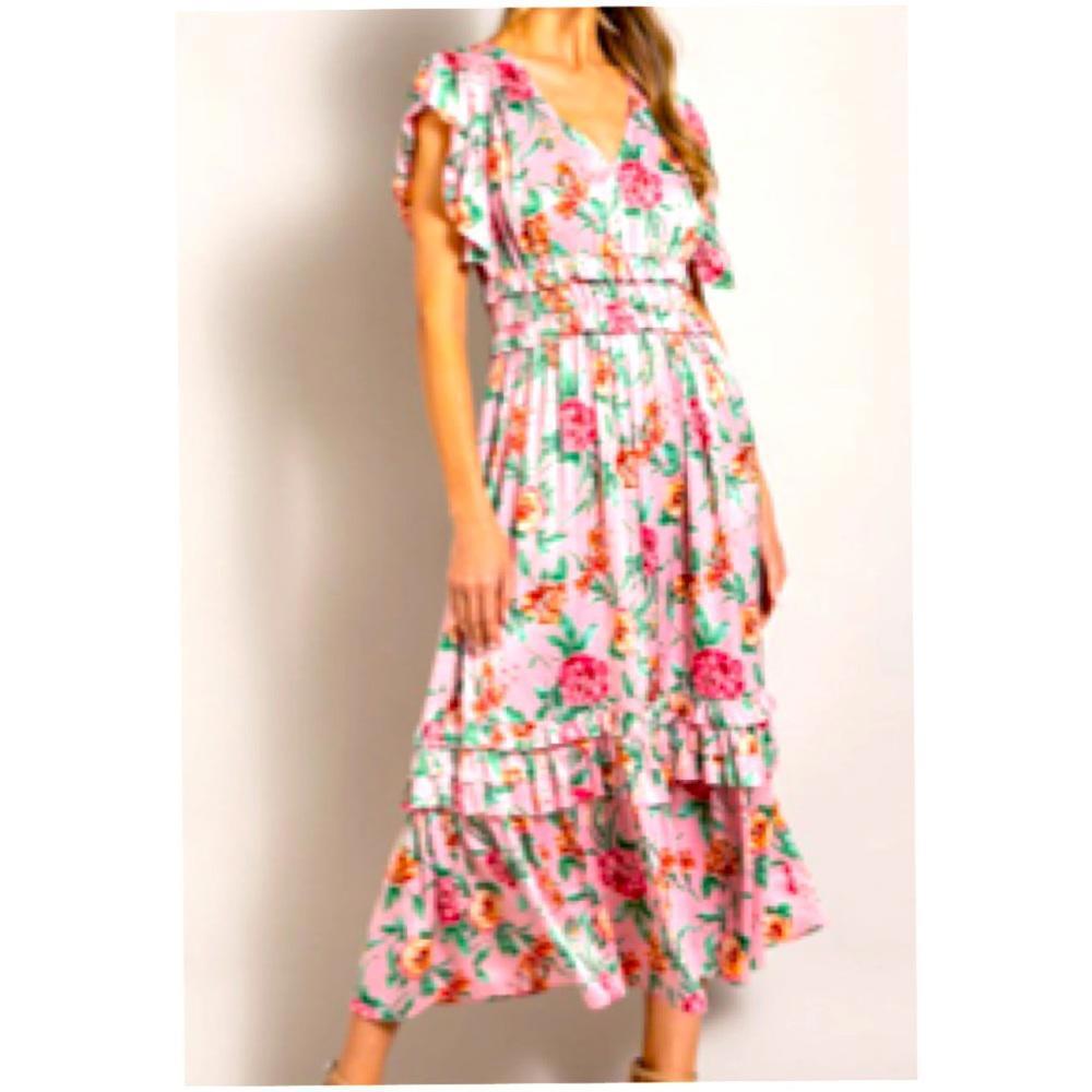 eesome Women's Out to Tea Midi Dress Pink Floral V Neck Size Large - Picture 4 of 9